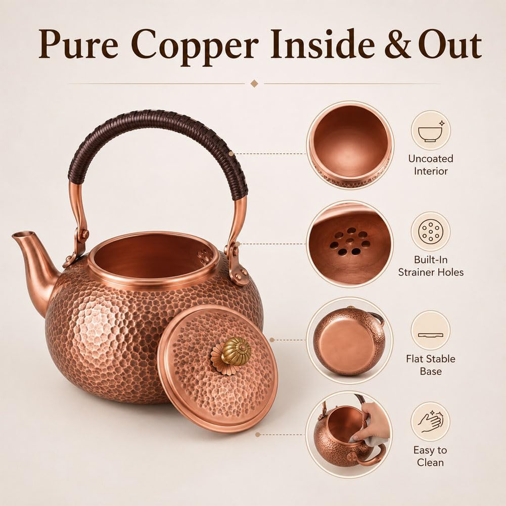 Handmade Copper Stovetop Teapot Kettle, Solid Copper Tea Kettle with Vintage Hammer Design, Thickened Household Boiling Teapot for Induction, Electric, Easy to Clean (A*1200ML)