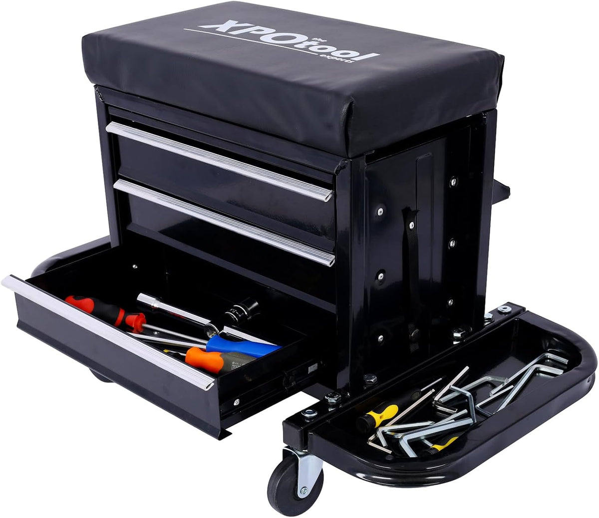 3-Drawer Rolling Tool Chest Seat Garage Glider Mechanic Stool with Magnetic Side Trays, Heavy Duty Rolling Tool Box for Warehouse, Workshop, 350lbs Capacity