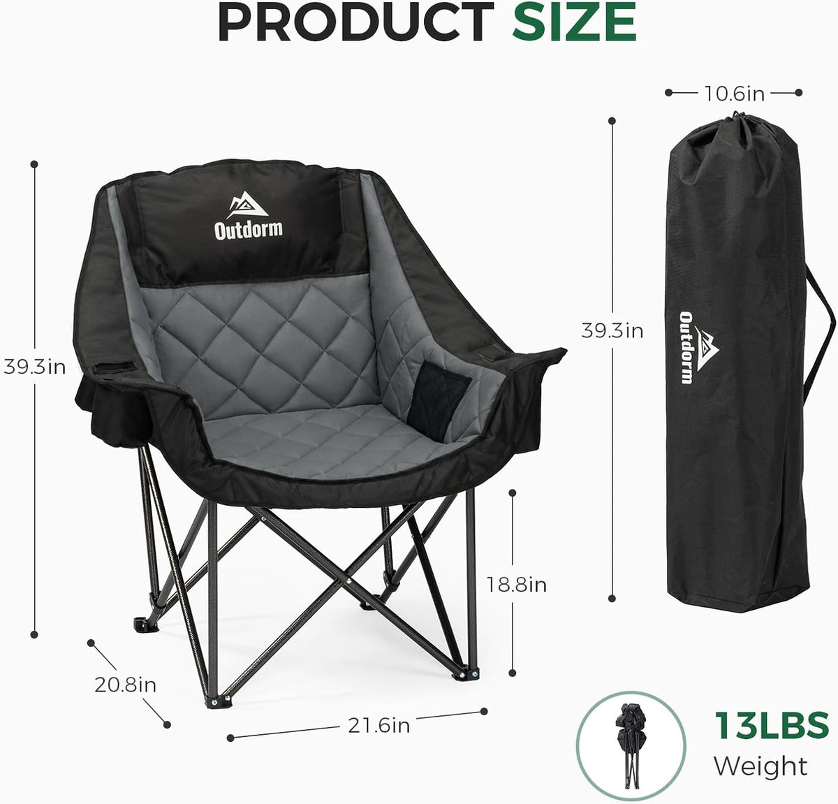 2 Pack Oversized Camping Chairs for Adults, Support 450 lb Each, Black