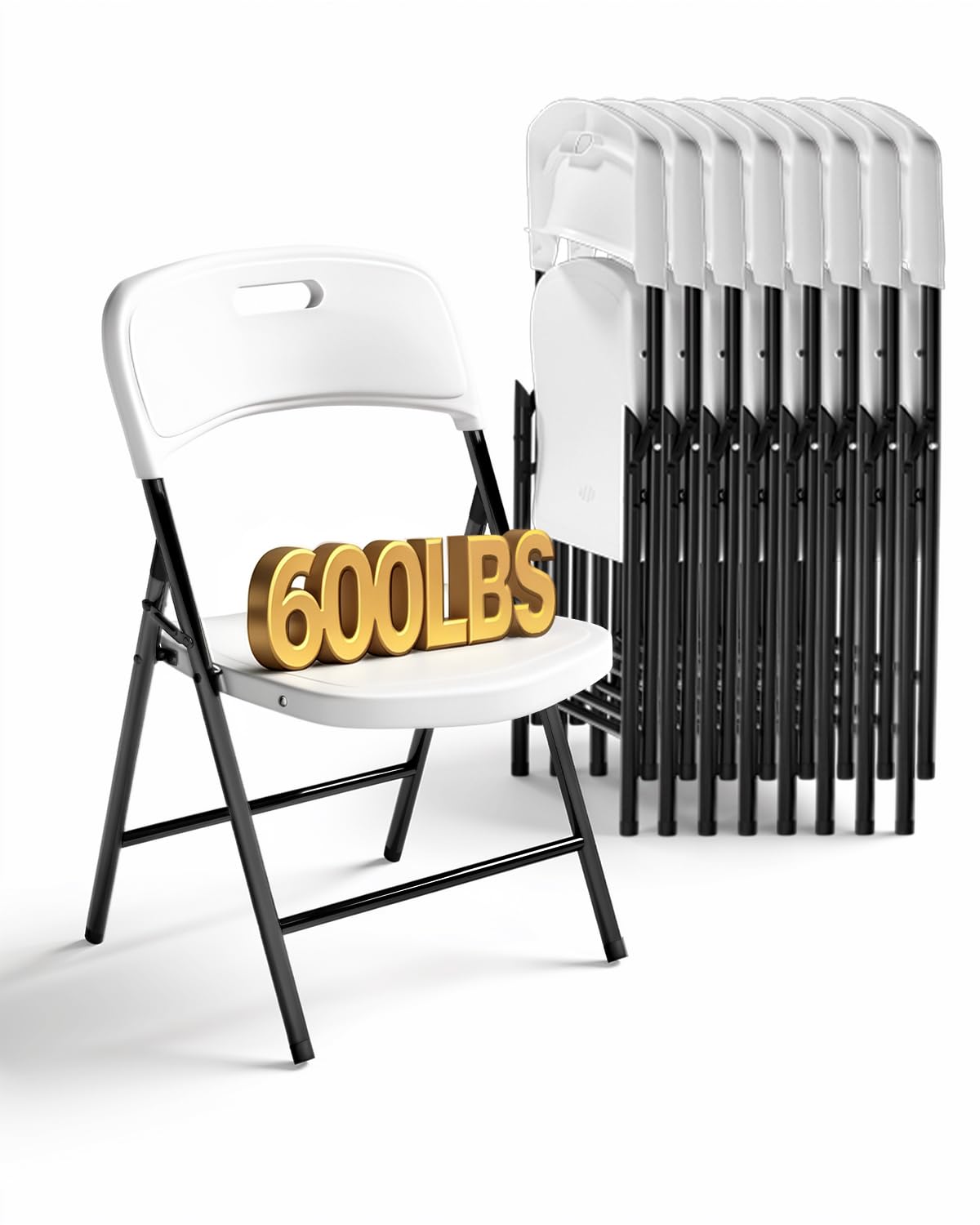 Folding Chairs, 600lbs Capacity, Heavy-Duty Commercial Stackable Plastic Foldable Chairs for Indoor/Outside, Office, Kitchen, Party, Patio(White, 4 Pack)