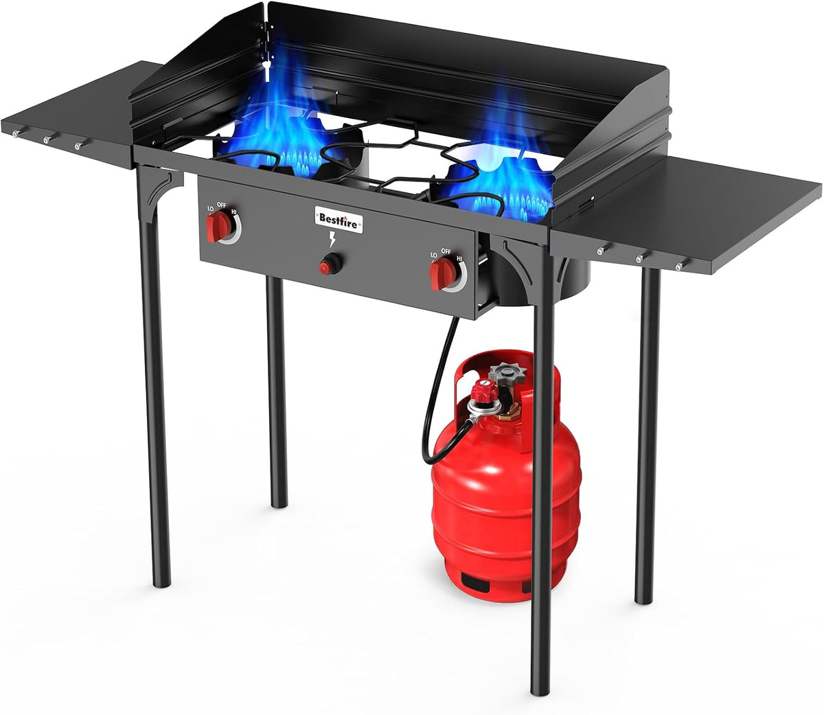 Bestfire 150,000 BTU 2 Burner Propane Camping Stove with Auto Ignition, Windpanel, Portable Outdoor Gas Cooker with Removable Legs, Side Shelves for Camping, BBQ
