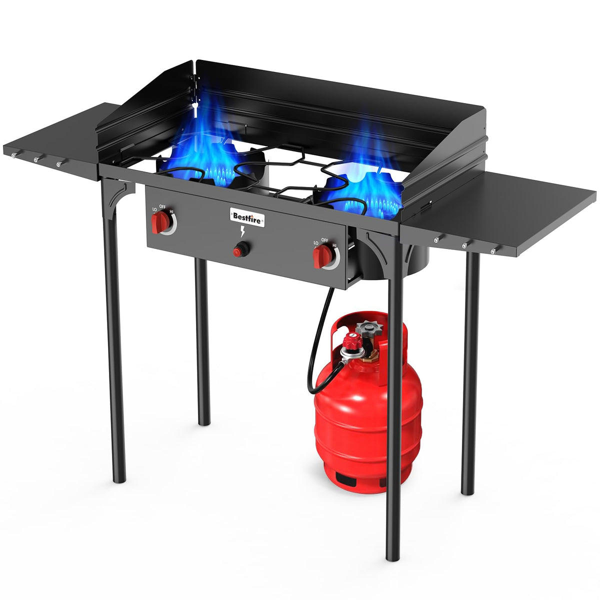 BESTFIRE 2 Burner Camping Stove,150,000 BTU High Pressure Outdoor Propane,4ft 20 PSI Adjustable Regulator Hose With Removable Legs for Backyard Cooking Camping Home