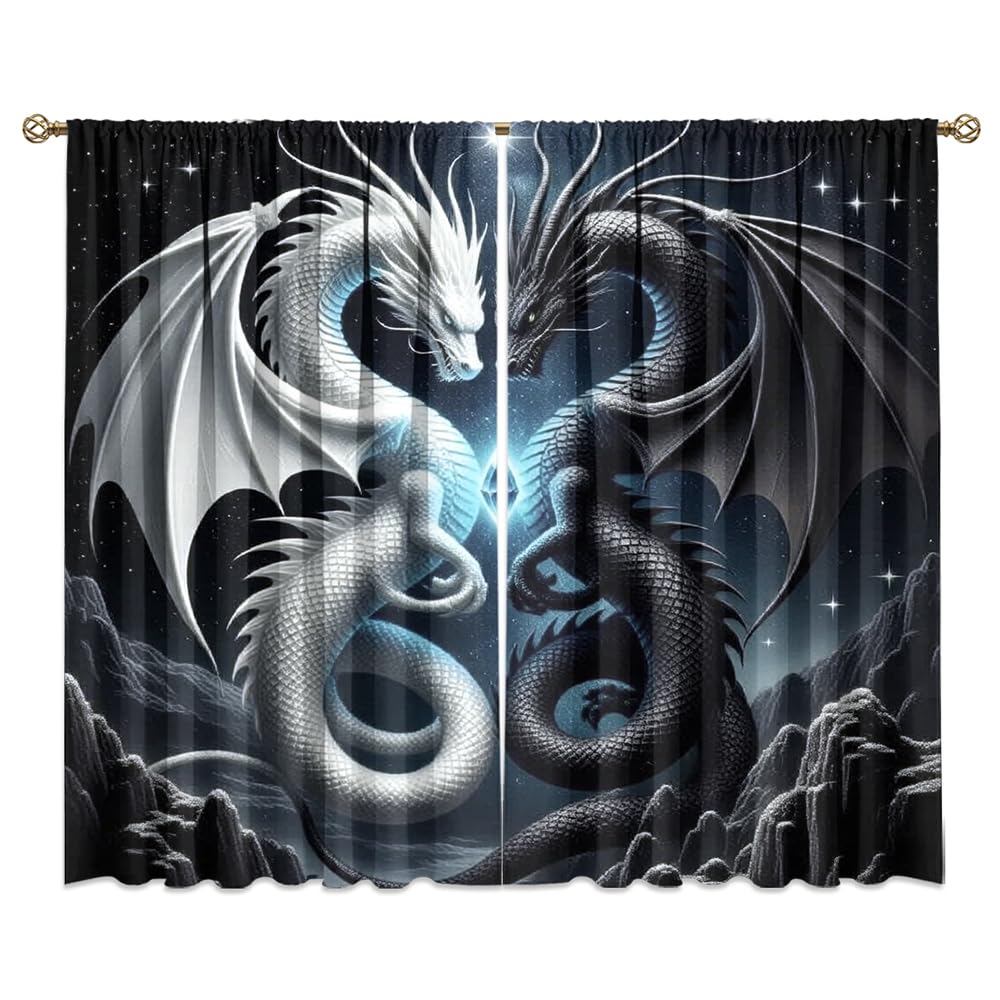 Traditional Ukiyoe Wildlife Dragon Curtains-Dreamy Ancient Japan Architecture Rod Pocket Back Tab Window Drapes,Japanese Samurai Thermal Insulated Blackout Curtain,2pcs,Each 52“W x 96”L