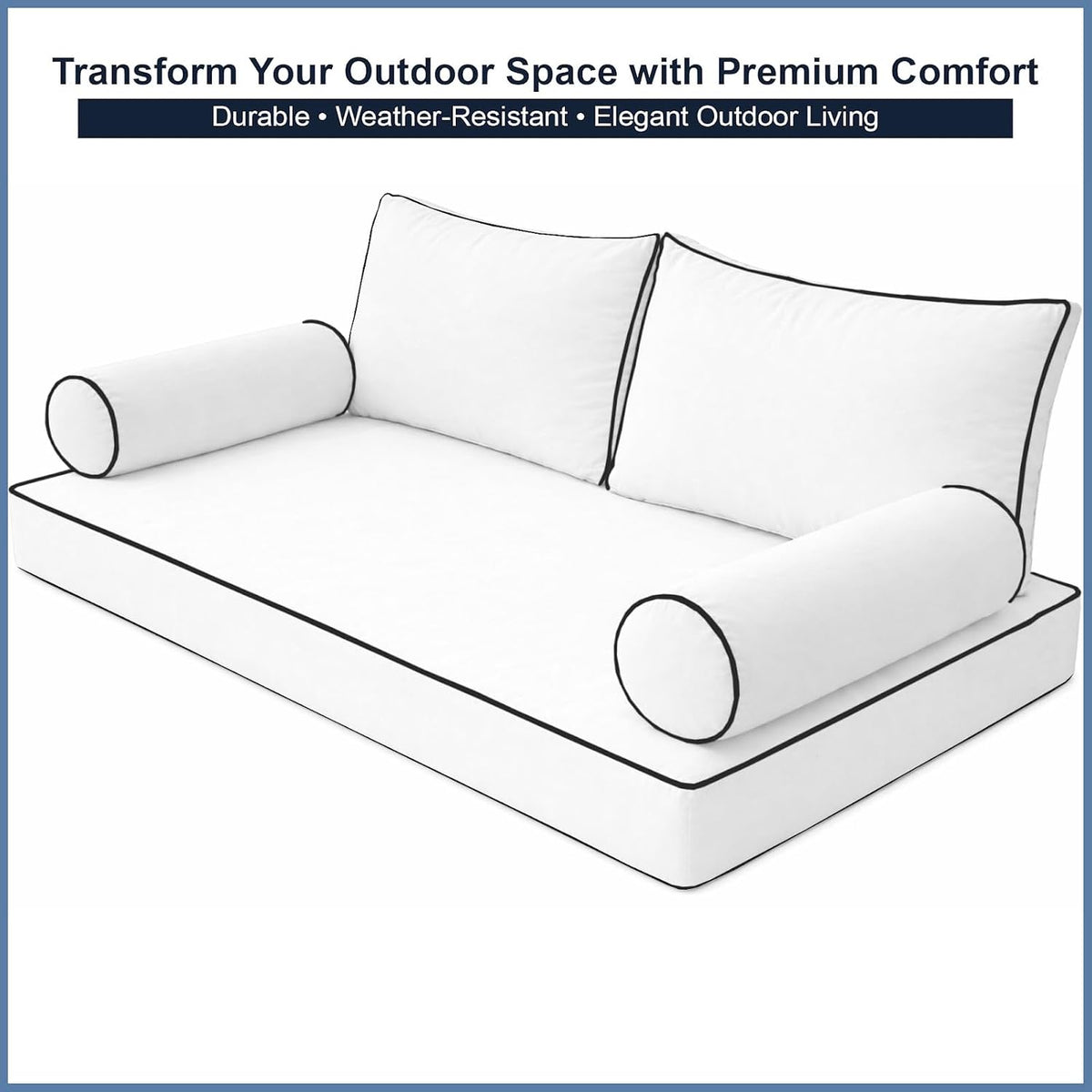 Cottington Lane 5 Piece Outdoor Daybed Cushion Cover Set, Twin Size Fitted 39" x 75" with 6" Deep Fit, Waterproof Indoor Daybed/Porch Swing Bed Mattress & Pillow Bolster Cushion Cover, White