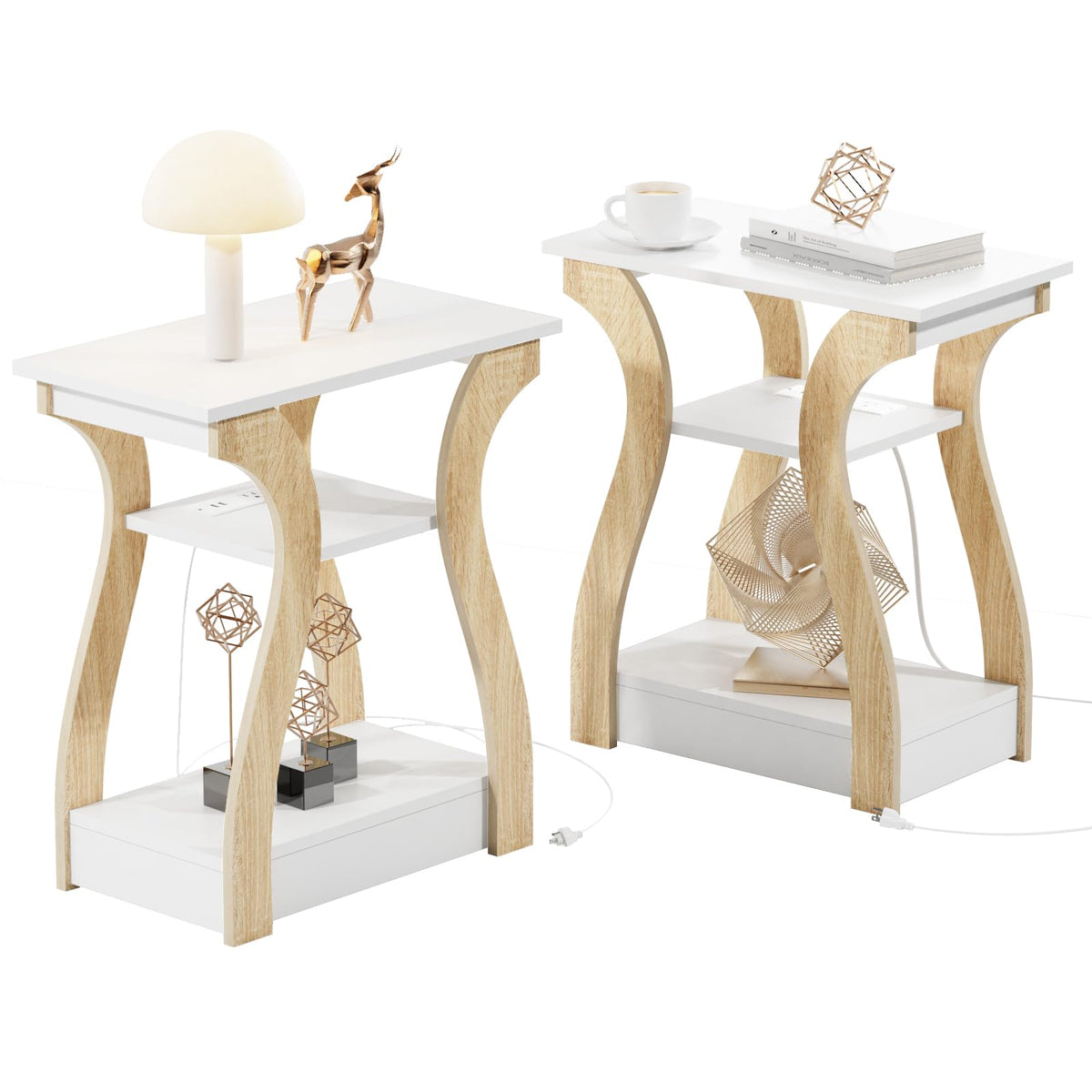 FROMJBEST End Tables Living Room Set of 2 with Charging Station, Black