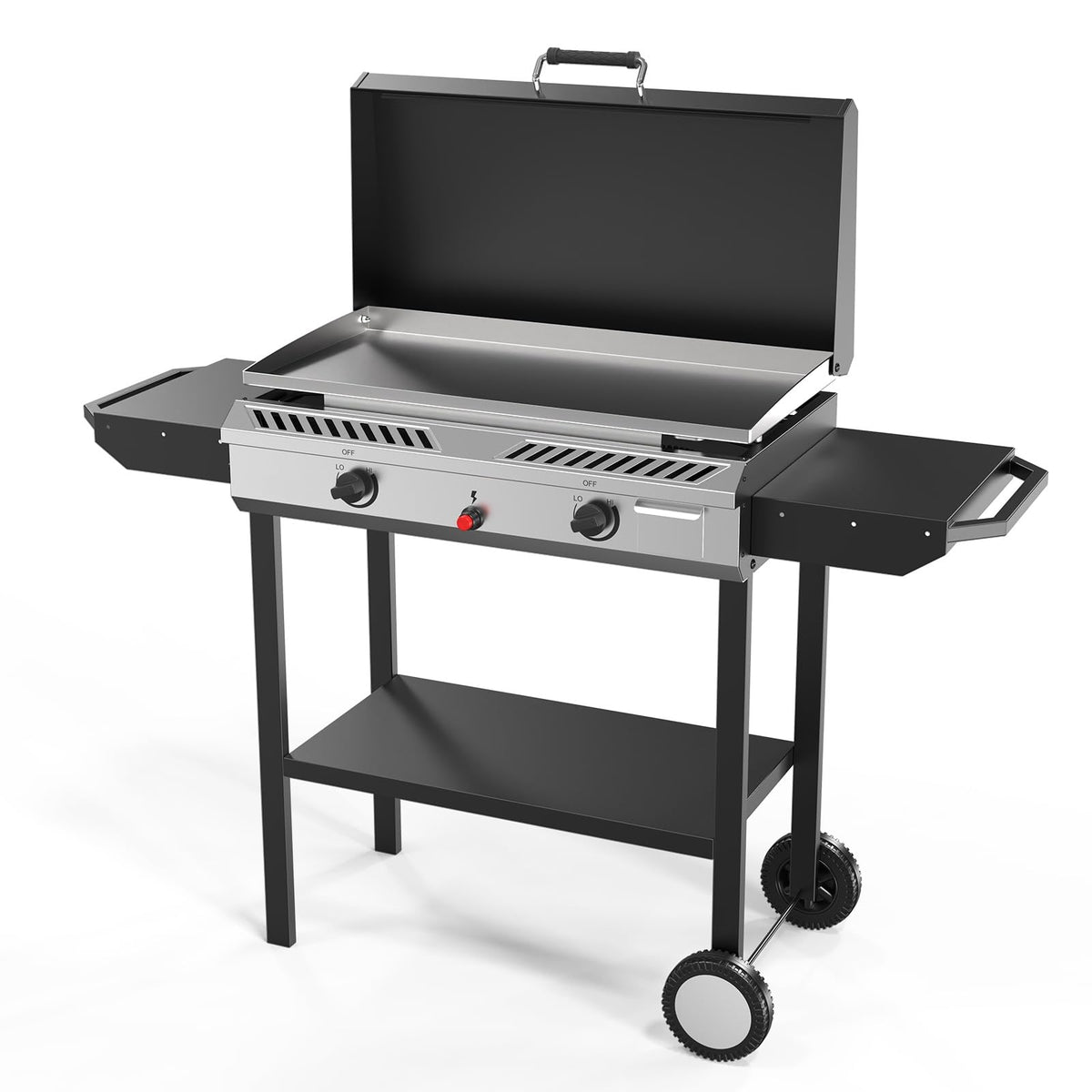 Bonnlo 2-in-1 Propane Stove and Griddle, Iginition Outdoor Gas Cooker with Storage Shelf and Portable Wheels, 2 Burner Camping Stove with 150000BTU Output for Backyard Cooking BBQ Frying and Boiling