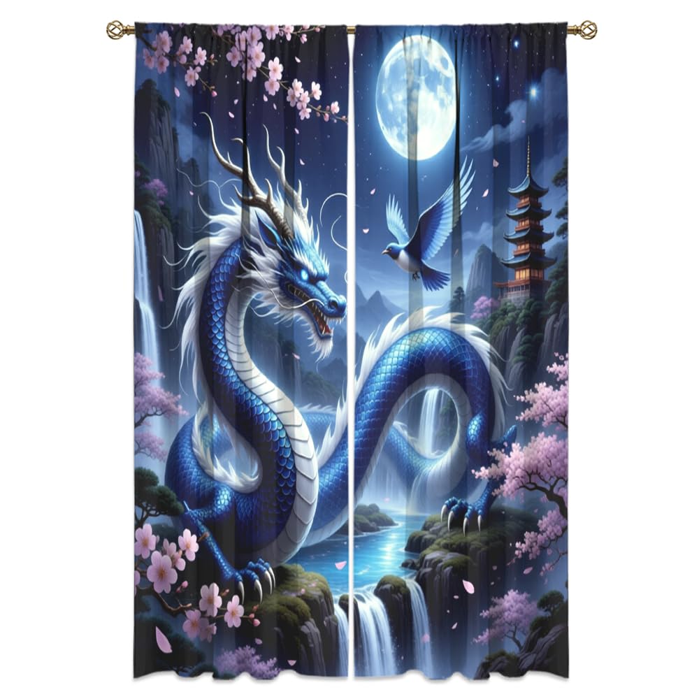Traditional Ukiyoe Wildlife Dragon Curtains-Dreamy Ancient Japan Architecture Rod Pocket Back Tab Window Drapes,Japanese Samurai Thermal Insulated Blackout Curtain,2pcs,Each 52“W x 96”L
