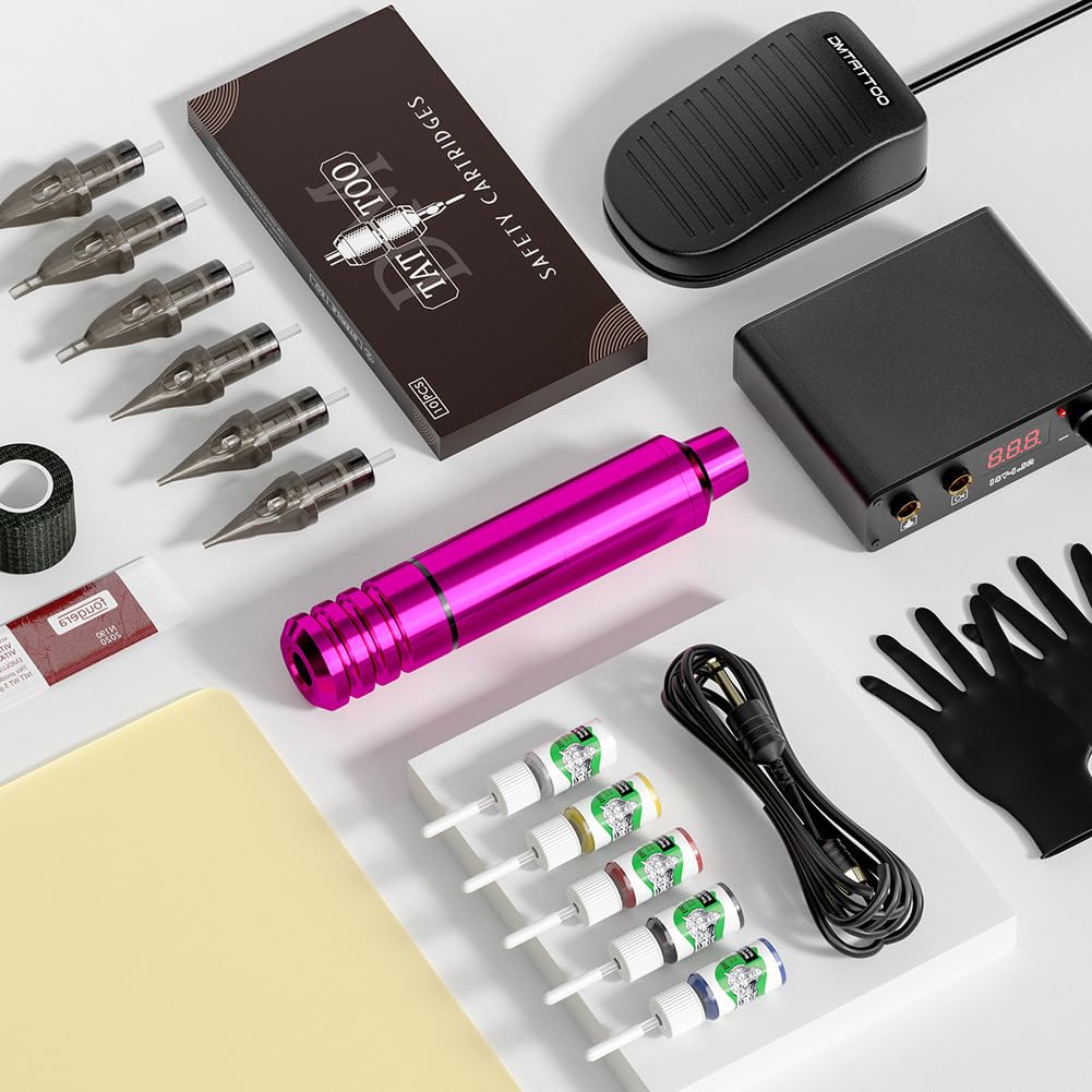 Rotary Tattoo Machine Kit with Tattoo Pen Power Supply 10 Cartridges 10 Color Bottles Foot Pedal for Professional Tattoo Artists Lining and Shading Work,Silver