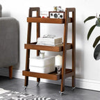 3-Tier Floor Bookcase, Solid Wood Ladder Shelf with Wheels, Side Table for Living Room, Craft Cart Fit in Kitchen, Narrow Space, Ladder Bookshelf with Handle(Brown)