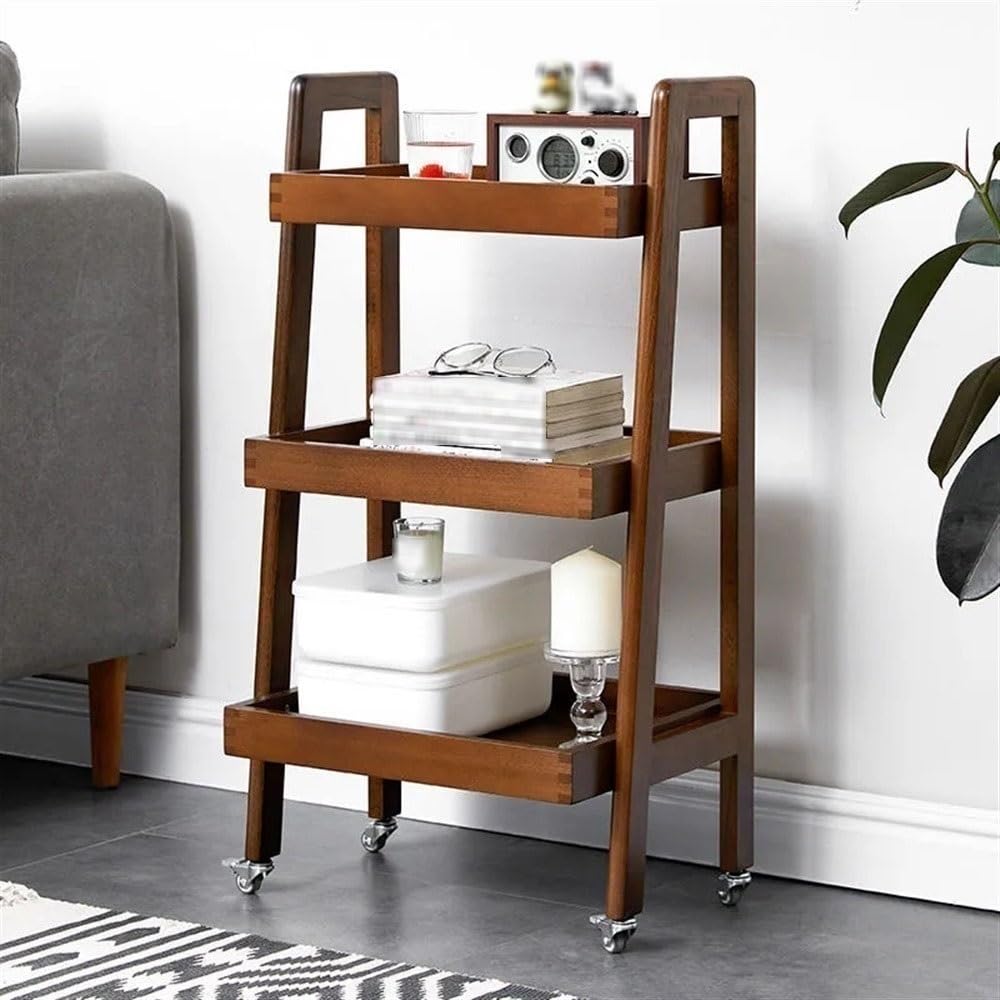 3-Tier Floor Bookcase, Solid Wood Ladder Shelf with Wheels, Side Table for Living Room, Craft Cart Fit in Kitchen, Narrow Space, Ladder Bookshelf with Handle(Brown)