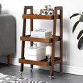 3-Tier Floor Bookcase, Solid Wood Ladder Shelf with Wheels, Side Table for Living Room, Craft Cart Fit in Kitchen, Narrow Space, Ladder Bookshelf with Handle(Brown)