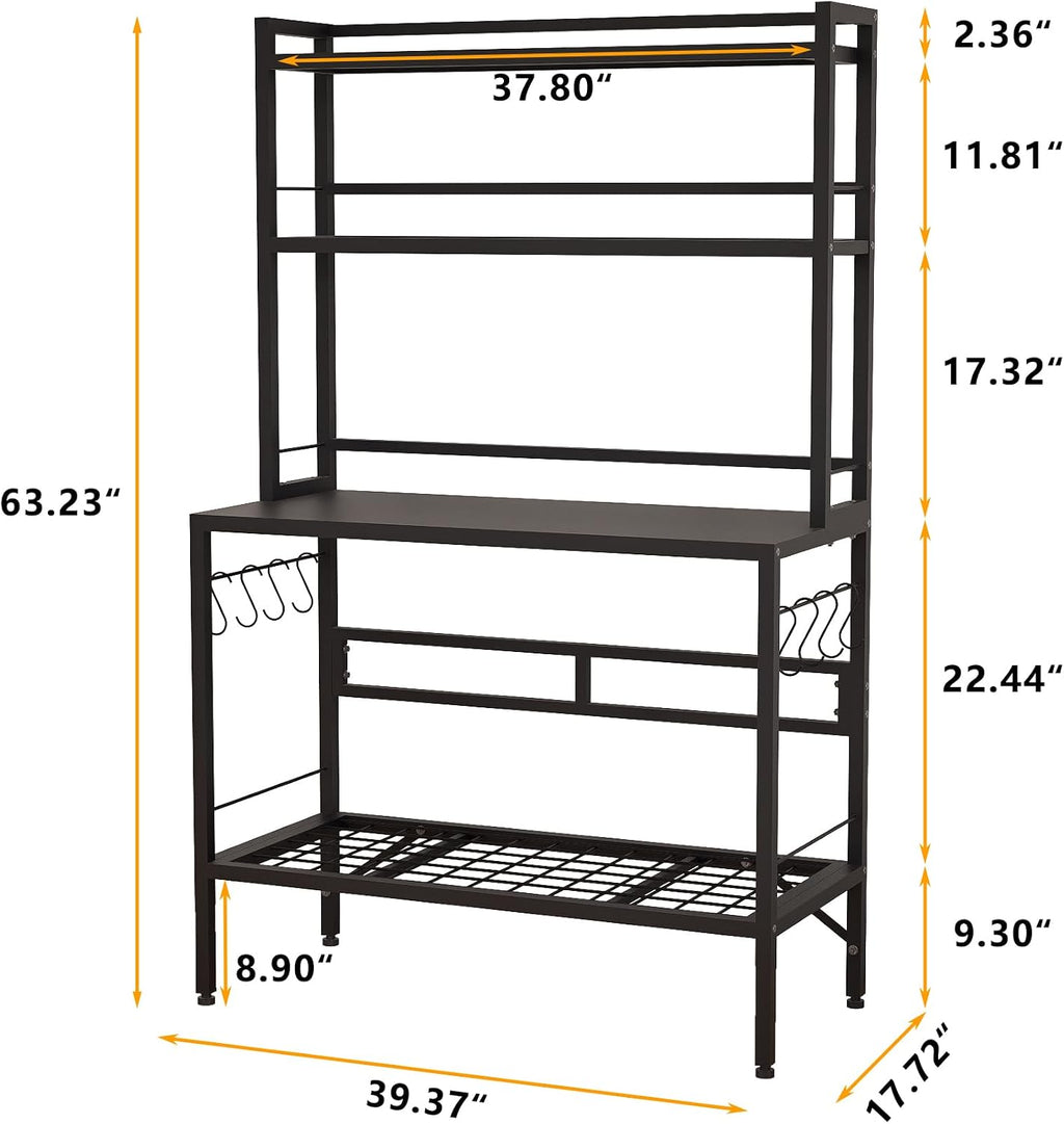 Bakers Rack with Open Bottom, 63''H Metal Microwave Stand with 8 Hooks, 4-Tier Heavy Duty Baker's Rack with Mesh Shelf, Multi-Purpose Display Rack&Potting Bench Table for Patio, Black