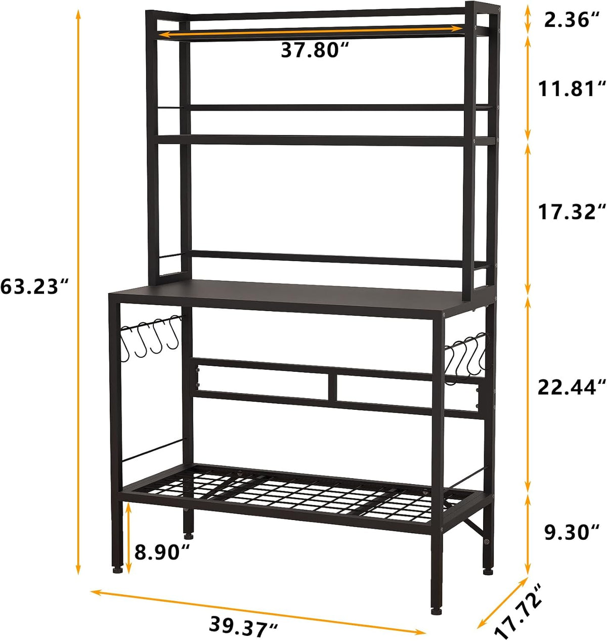 Bakers Rack with Open Bottom, 63''H Metal Microwave Stand with 8 Hooks, 4-Tier Heavy Duty Baker's Rack with Mesh Shelf, Multi-Purpose Display Rack&Potting Bench Table for Patio, Black