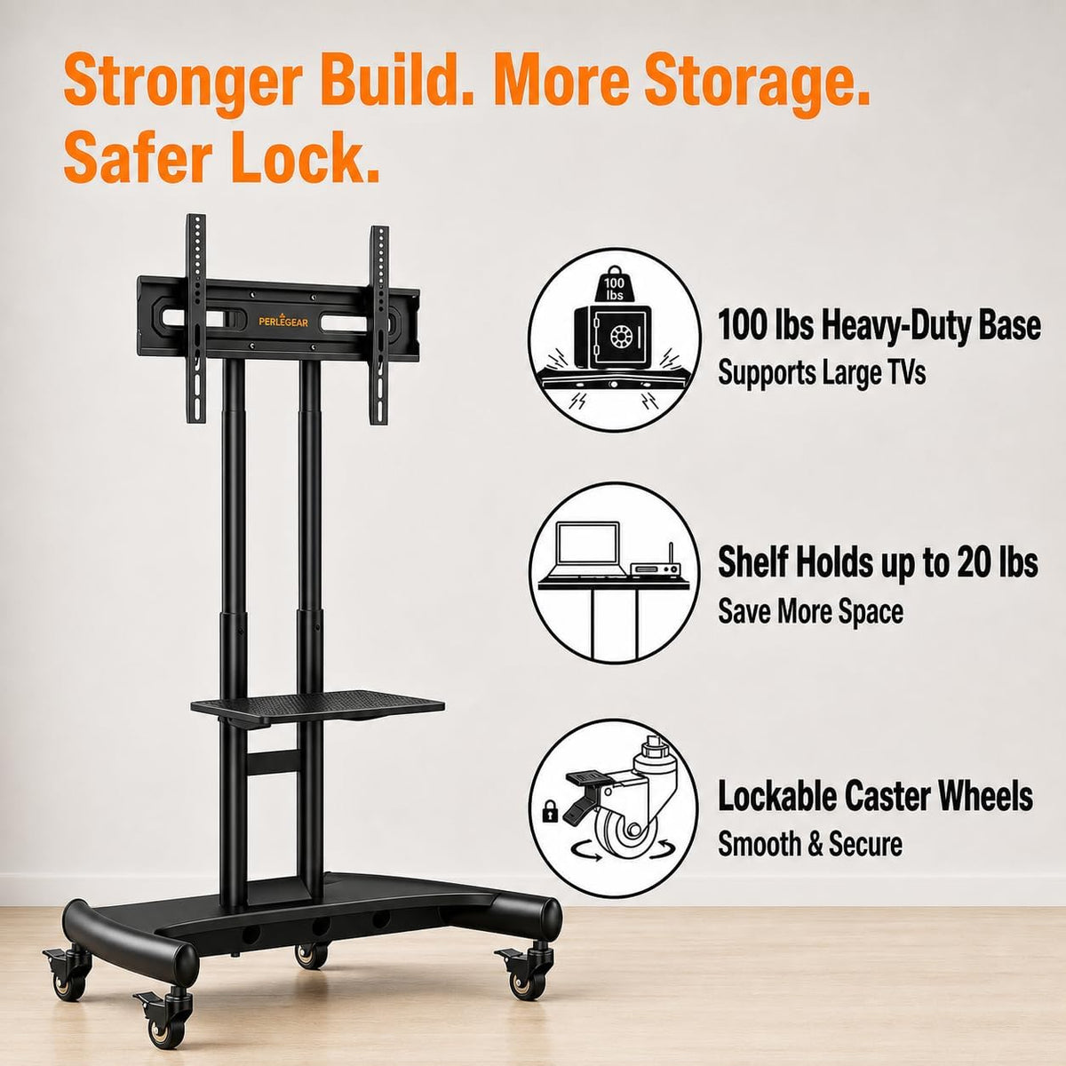 Perlegear Rolling TV Stand for 32-84 Inch TV, Mobile TV Cart up to 100lbs, Adjustable Height Outdoor TV Cart with Heavy-Duty Base, VESA 600x400mm, Portable TV Stand on Wheels for Livingroom PGTVMC05-1