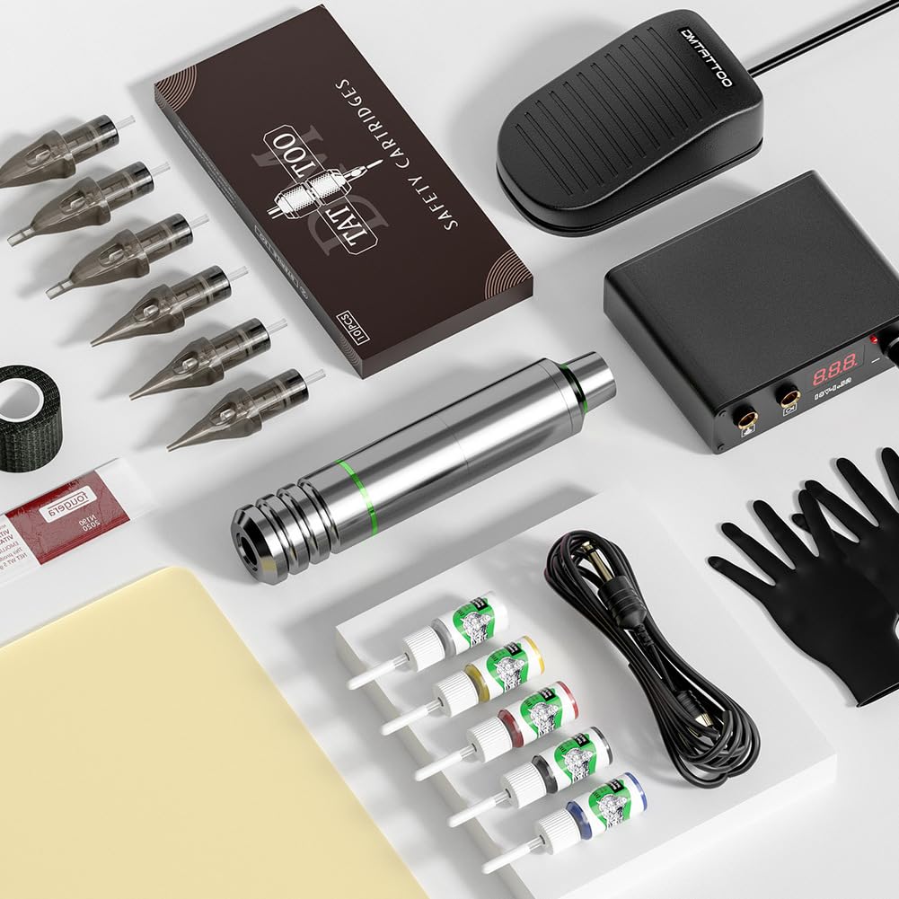 Rotary Tattoo Machine Kit with Tattoo Pen Power Supply 10 Cartridges 10 Color Bottles Foot Pedal for Professional Tattoo Artists Lining and Shading Work,Black