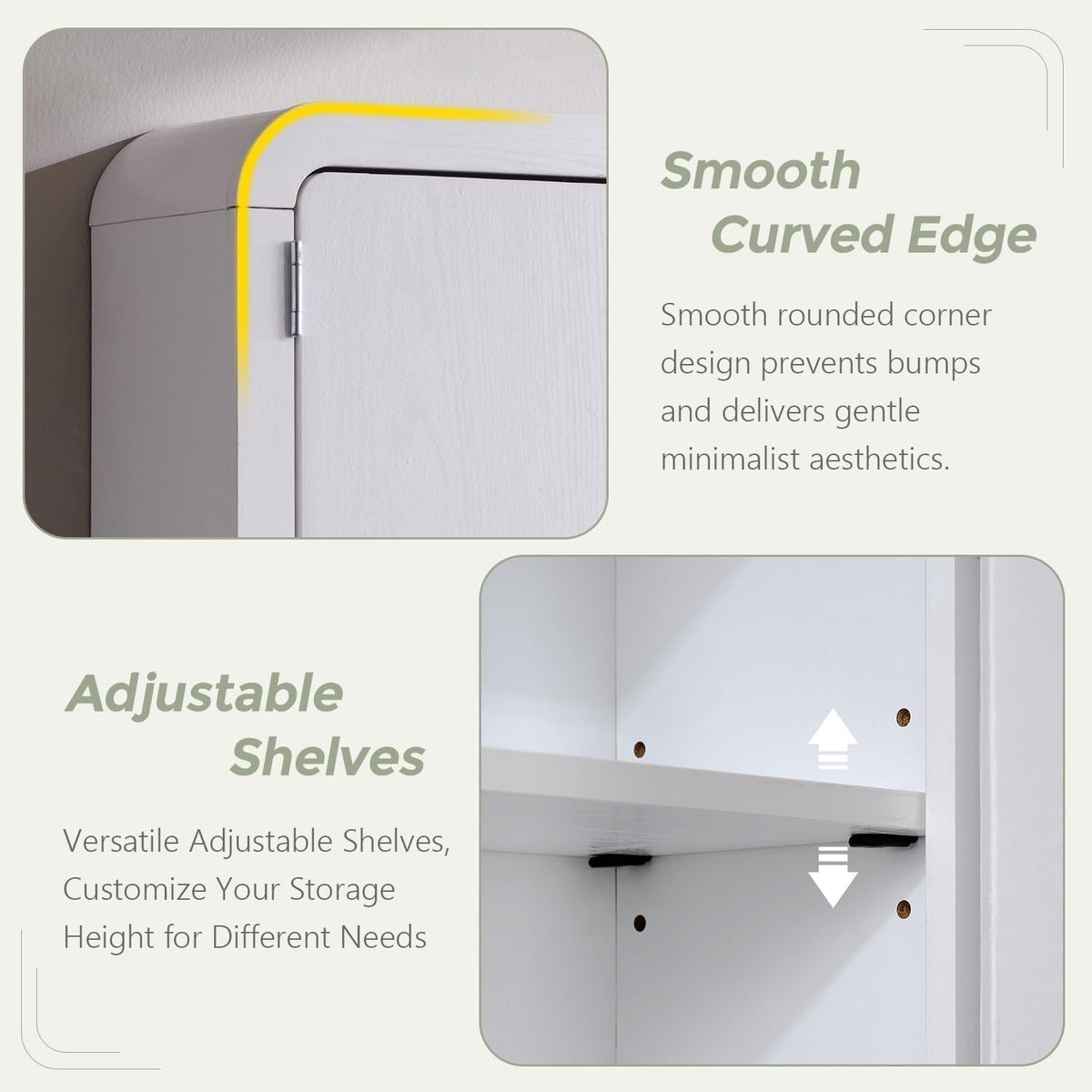 Over the Toilet Storage Cabinet, 69.69" Curved Bathroom Storage Organizer Cabinet with Doors and Adjustable Shelves, Wooden Free Standing Toilet Space Saver Rack, White