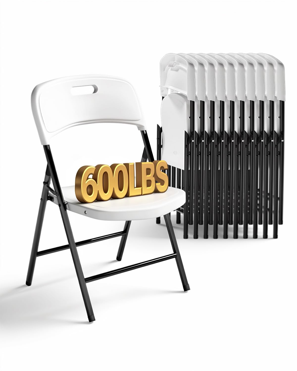 Folding Chairs, 600lbs Capacity, Heavy-Duty Commercial Stackable Plastic Foldable Chairs for Indoor/Outside, Office, Kitchen, Party, Patio(White, 4 Pack)