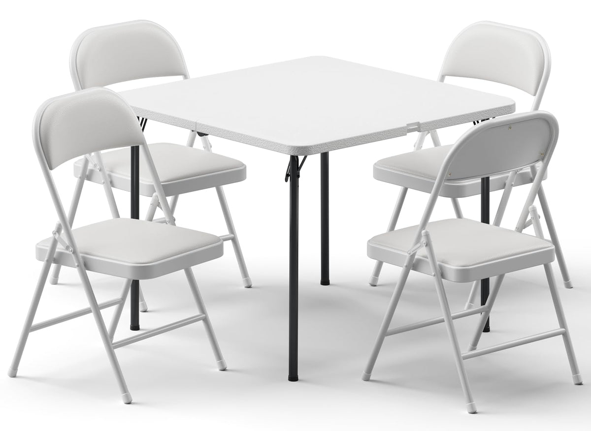 Folding Table and Chairs Set for 4, 36 Inch Foldable Card Table with Carrying Handle & 4 PU Leather Padded Folding Chairs, Portable Indoor Outdoor Dining Table Set for Picnic, Camping, RV, Game Night