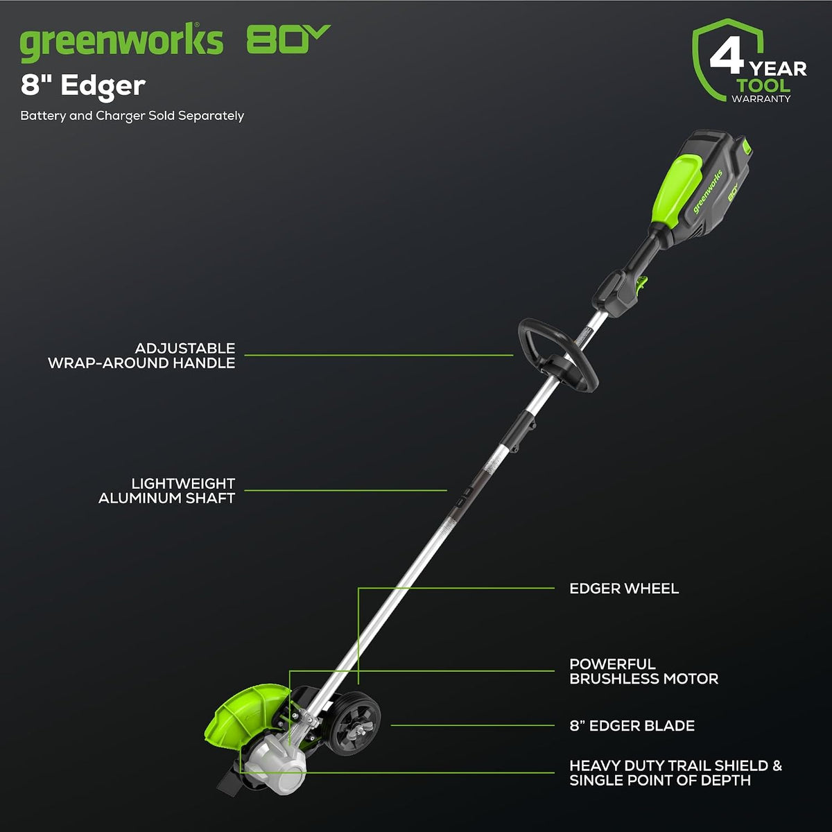Greenworks 80V 8 in Cordless Electric Lawn Edger, Tool Only