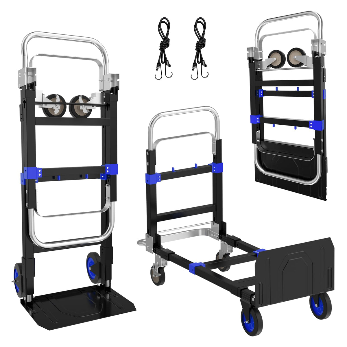 3 in 1 Folding Hand Truck, 600Lbs Capacity, Heavy Duty Collapsible Cart with Retractable Handle and 4 Rubber Wheels, Moving Dolly for Moving Home, Office, Food Service, Shopping Mall, Warehouse