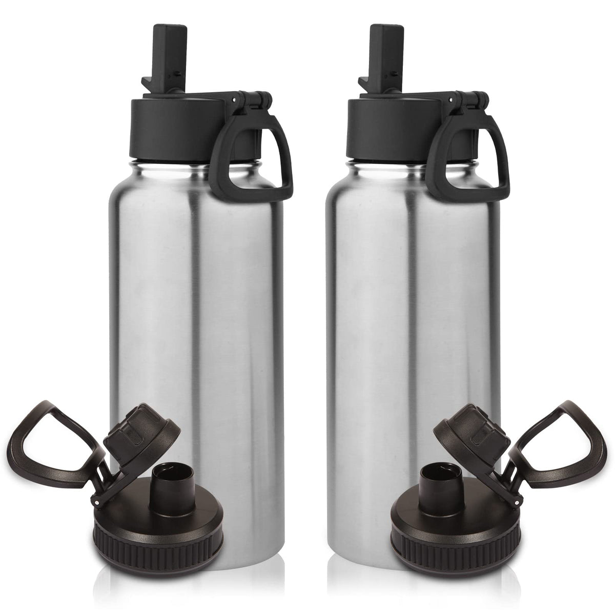 Volhoply 32oz Insulated Water Bottle with Straw Lid, Black, 8-Pack
