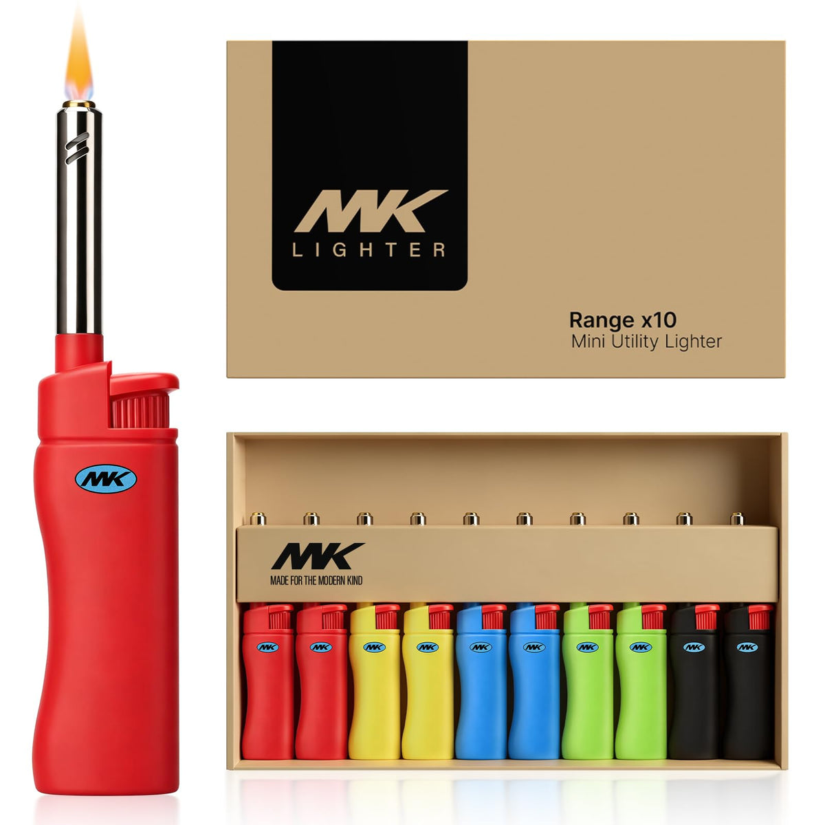 MK Lighter 10PCS Candle Lighters, Windproof Flame, Ideal as Lighters for Candle, BBQ Lighters, Camping, Outdoor, Butane Refillable, Multipurpose (3BL HUE -10PC)