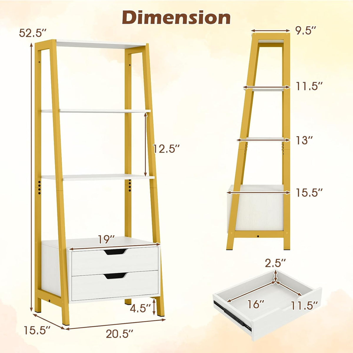 GIANTEX 4-Tier Bookshelf with 2 Drawers Set of 2, Modern Ladder Bookshelf w/Storage, Sturdy Metal Frame, Anti-toppling Devices, Display Standing Shelf Unit, Freestanding Bookcase, White & Gold