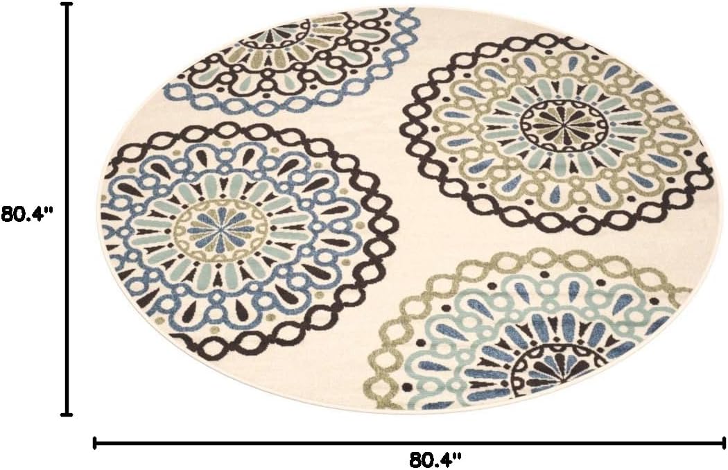 Safavieh Veranda Collection 6'7" x 6'7" Round Cream/Blue VER092 Boho Floral Indoor/Outdoor Non-Shedding Easy Cleaning Patio Backyard Porch Deck Mudroom Area Rug