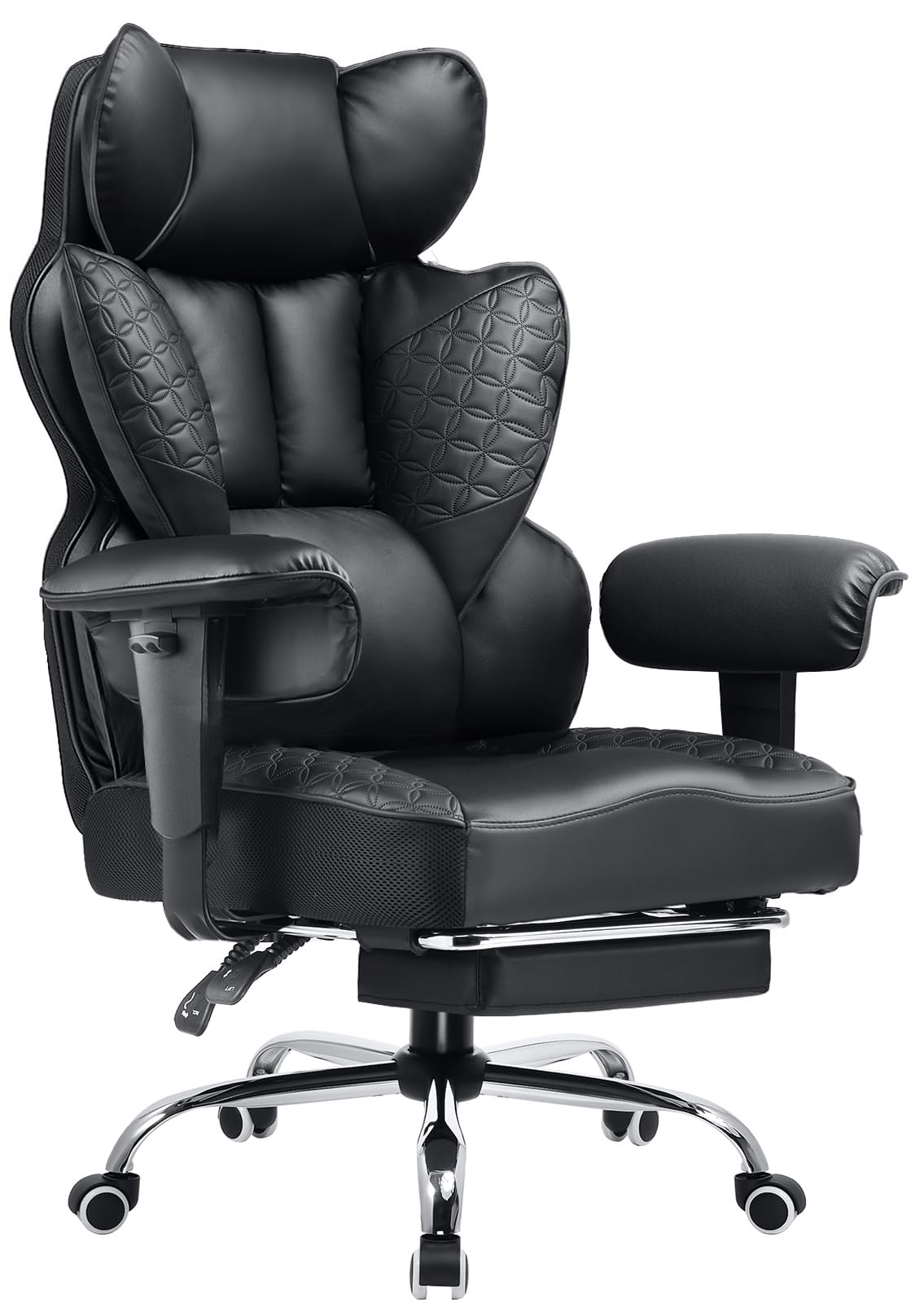 COMHOMA Big and Tall Office Chair Heavy Duty Wide Ergonomic Gaming Chair with Deluxe Embossing Designed Leather with Foot Rest, 145°Reclining Adjustable Armrests Pocket Spring Back Support and Pillow