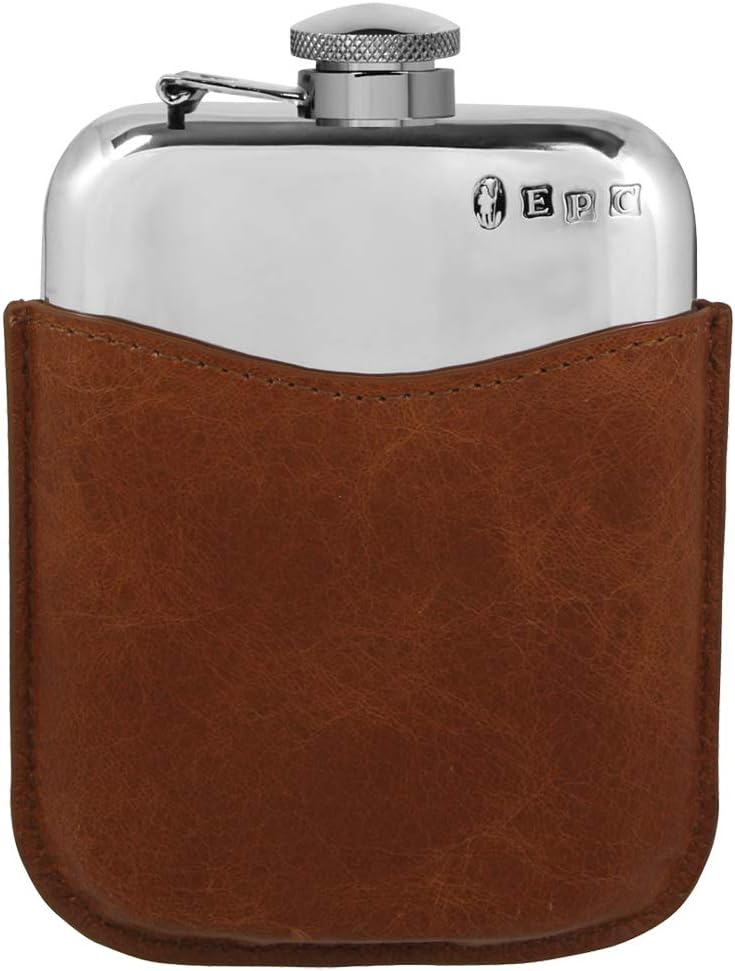 English Pewter Company 6oz Pewter Hip Flask With Luxury Brown Leather Pouch [PLF02]