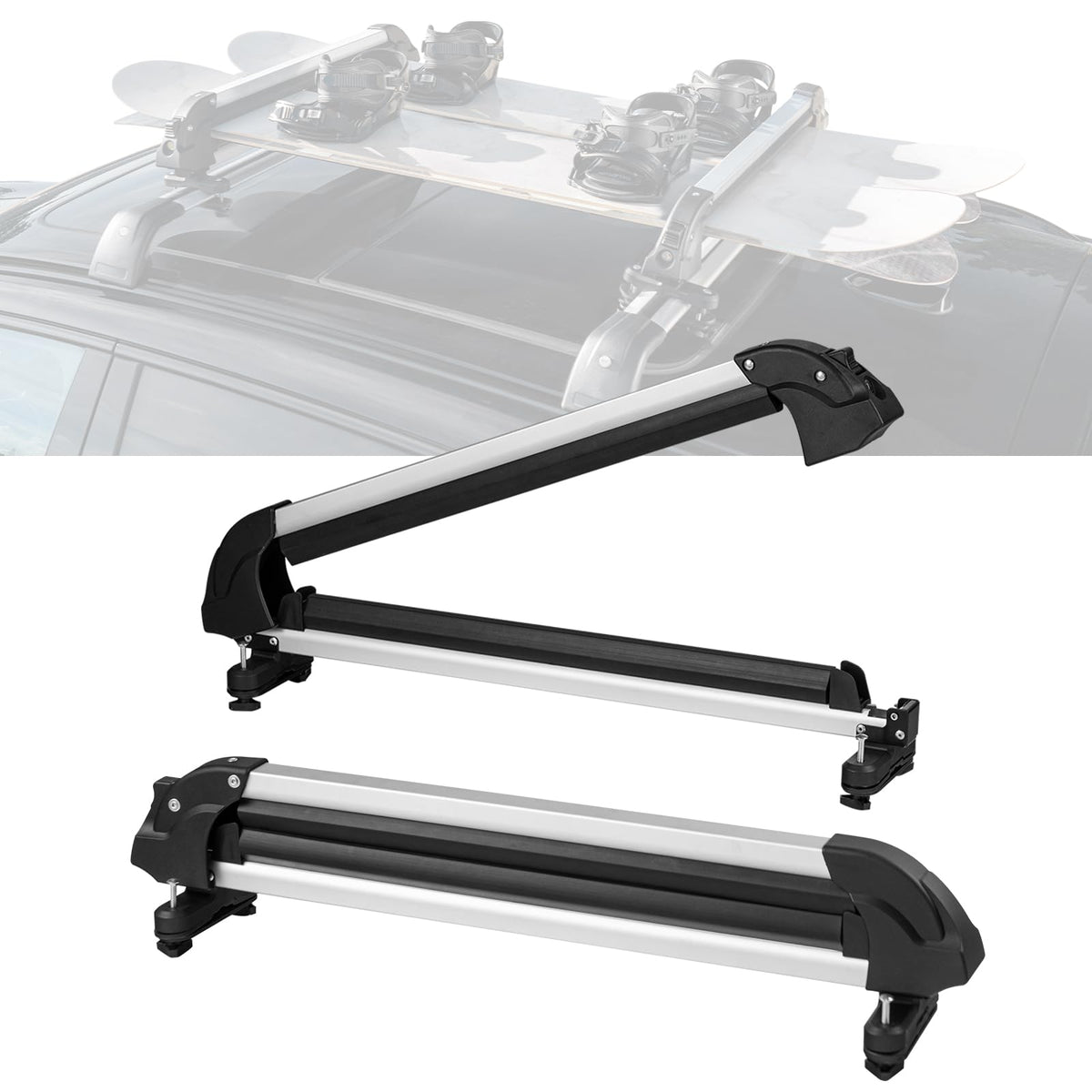 VEVOR Ski & Snowboard Roof Rack, Carry up to 6 Pairs of Skis or 4 Snowboards, 2 PCS Aluminum Universal Car Roof Rack with Lock & Rubber Padding, Carrier for Fishing Rod, Fit Most Slotted Crossbars