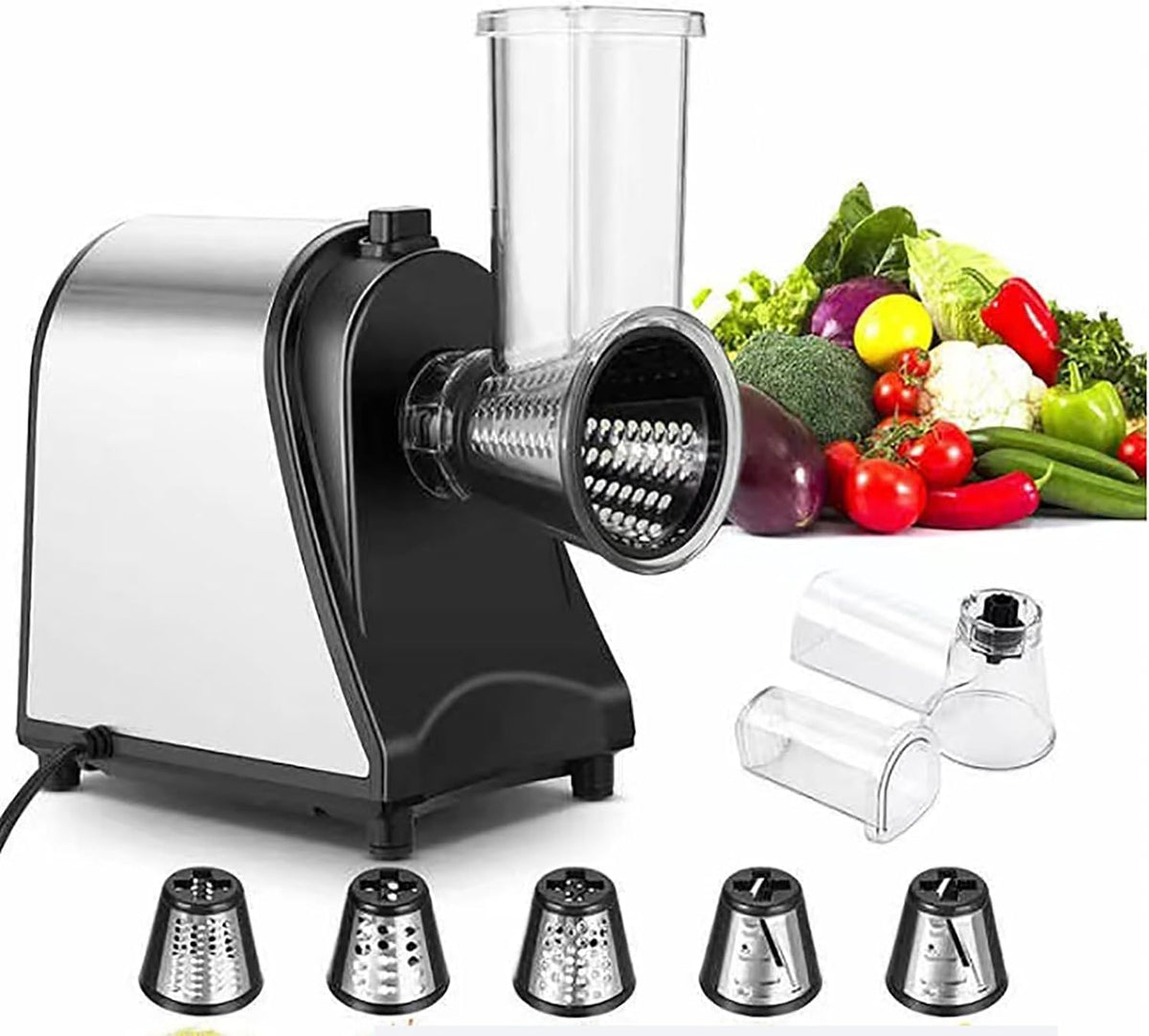 McbeAn Electric Vegetable Cheese Grater, 1000W Vegetable Cutter with 5 Stainless Steel Blades, Work Efficiently, One-Touch Control, for Cheese Carrots Potatoes Nuts Cucumbers Zucchini