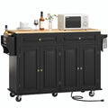 Hlivelood 55" Movable Kitchen Island with Drop Leaf and Power Outlet, Rolling Cart with Storage Cabinet, Island Table on Wheels for Kitchen with 2 Drawers, Spice Rack, Towel Bar, Garage Hook, Black