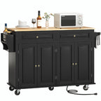 Hlivelood 55" Movable Kitchen Island with Drop Leaf and Power Outlet, Rolling Cart with Storage Cabinet, Island Table on Wheels for Kitchen with 2 Drawers, Spice Rack, Towel Bar, Garage Hook, Black