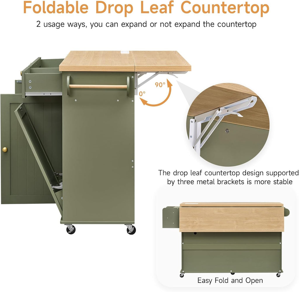 ONBRILL 60" Kitchen Island with Trash Can Storage, Rolling Island Table