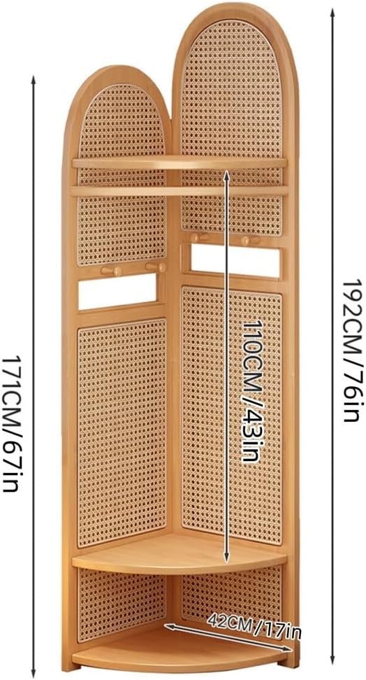 Freestanding Entryway Coat with Hooks, Boho Floor Standing Clothes Rack with Shoes Shelf, Rattan Clothes Rack Corner for Bedroom, Living Room, Hallway 17''x17''x76''(Khaki A)