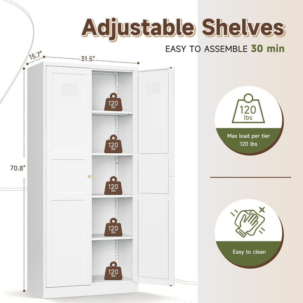 Letaya White Storage Cabinet with Adjustable Shelves-Metal Home Kitchen Pantry Cabinets with Doors,Organization Locker for Cupboard/Bedroom/Dining/Living/Bathroom/Office/Garage Room