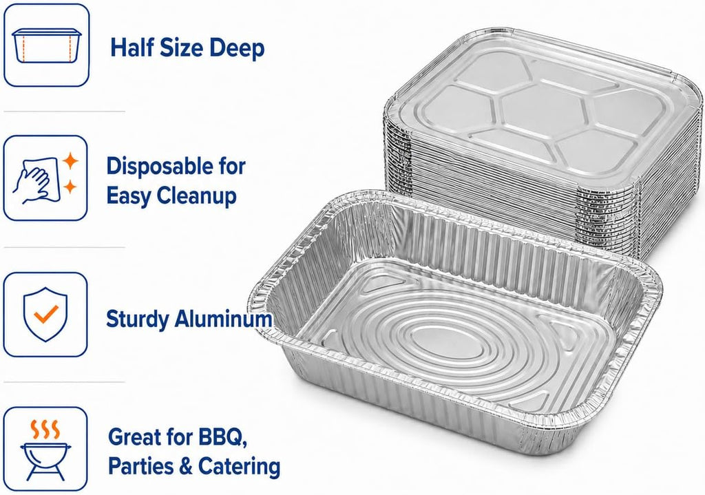 Half Size Deep Aluminum Pans, 13 x 10.5 x 2.5 In (100, With Lids)