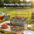 Portable Flip BBQ Grill, Stainless Steel Foldable Charcoal Grill with Reversible Cooking Grid, Removable & Easy Clean Tabletop Barbecue Grill for Outdoor Camping, Picnic, Backyard & Travel