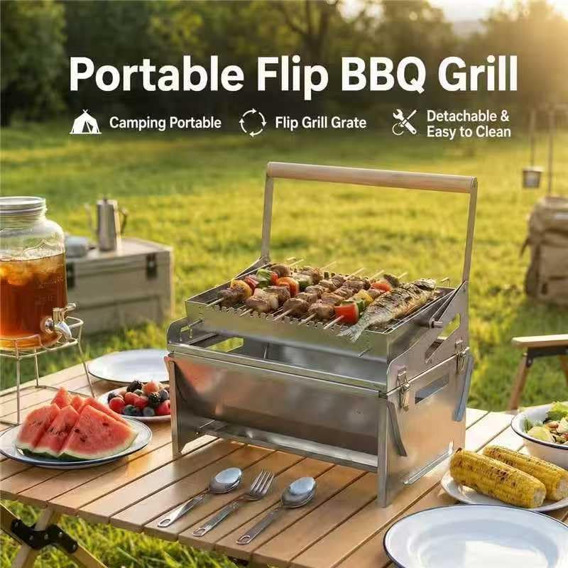 Portable Flip BBQ Grill, Stainless Steel Foldable Charcoal Grill with Reversible Cooking Grid, Removable & Easy Clean Tabletop Barbecue Grill for Outdoor Camping, Picnic, Backyard & Travel