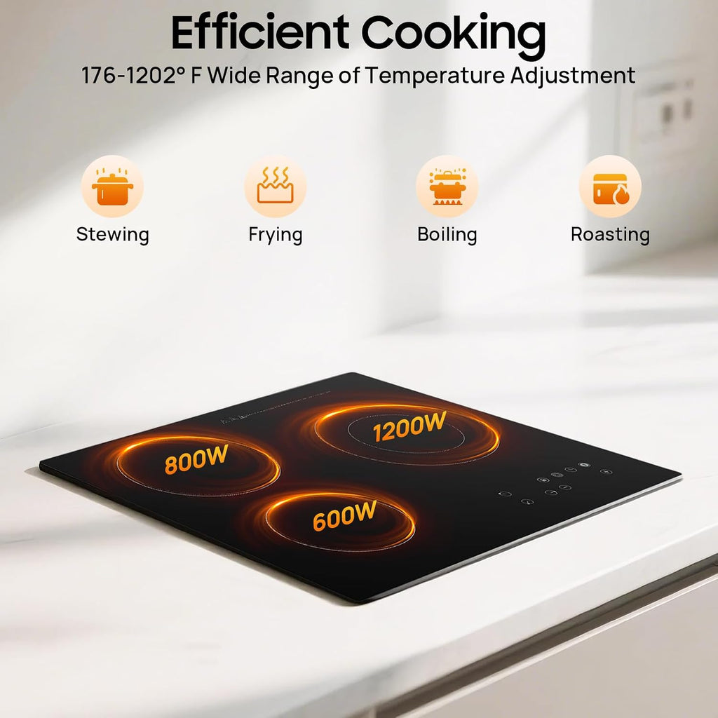3 Burner Electric Cooktop 110V, 9 Heating Level, 23 Inch Portable Stove Cooktop with LED Display, Child Safety Lock and Timer Ideal for Kitchens, Hotels, Restaurants, and More (No Plug)
