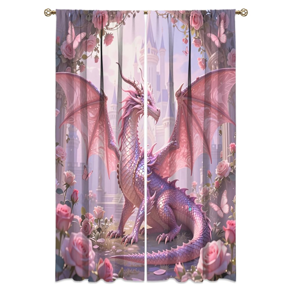 Fantasy Mythical Animal Dragon Curtains,Dreamy Galaxy Full Moon Room Darkening Blackout Window Treatment,Mythological Wildlife Dragon Rod-Pocket Privacy Curtains,2pcs,Each 52“W x 96”L