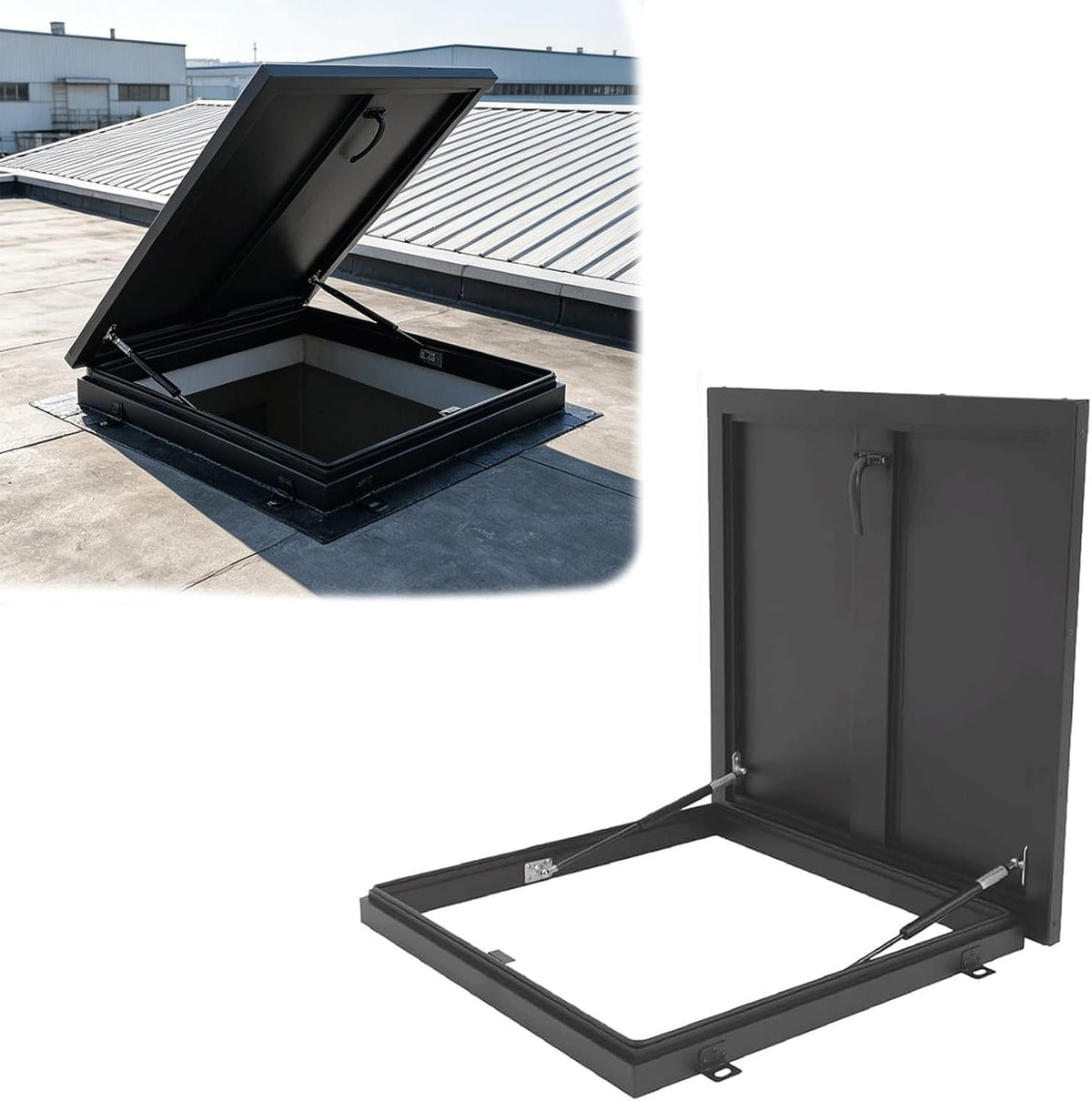 21x24in Black Attic Skylight Roof Hatch, 53.3x61cm Galvanized Steel Access Door, Customizable Size Waterproof Roof Hatch Cover with Gas Shock Strut & Handle, for Home Industrial