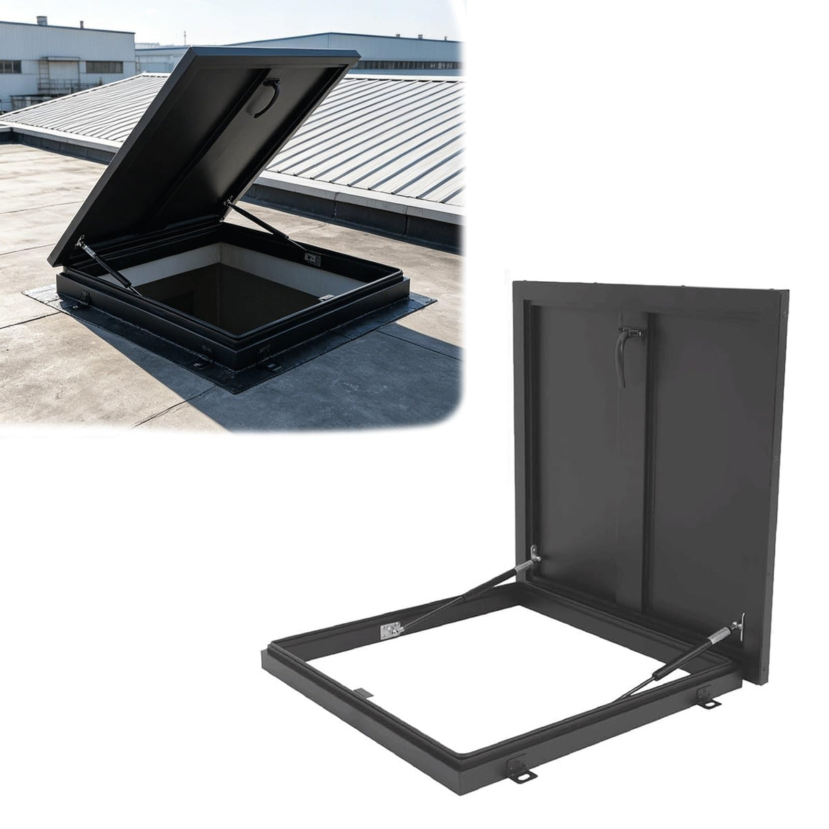 21x24in Black Attic Skylight Roof Hatch, 53.3x61cm Galvanized Steel Access Door, Customizable Size Waterproof Roof Hatch Cover with Gas Shock Strut & Handle, for Home Industrial