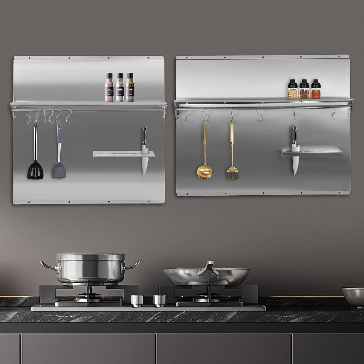 Range Backsplash with Shelf Range Hood Wall Shield, Stainless Steel Backsplash Silver Splash Plate, Backsplash with Built-in Storage Shelf and Hanging Rack For Home Use (Silver-30 x 30.7 Inch)