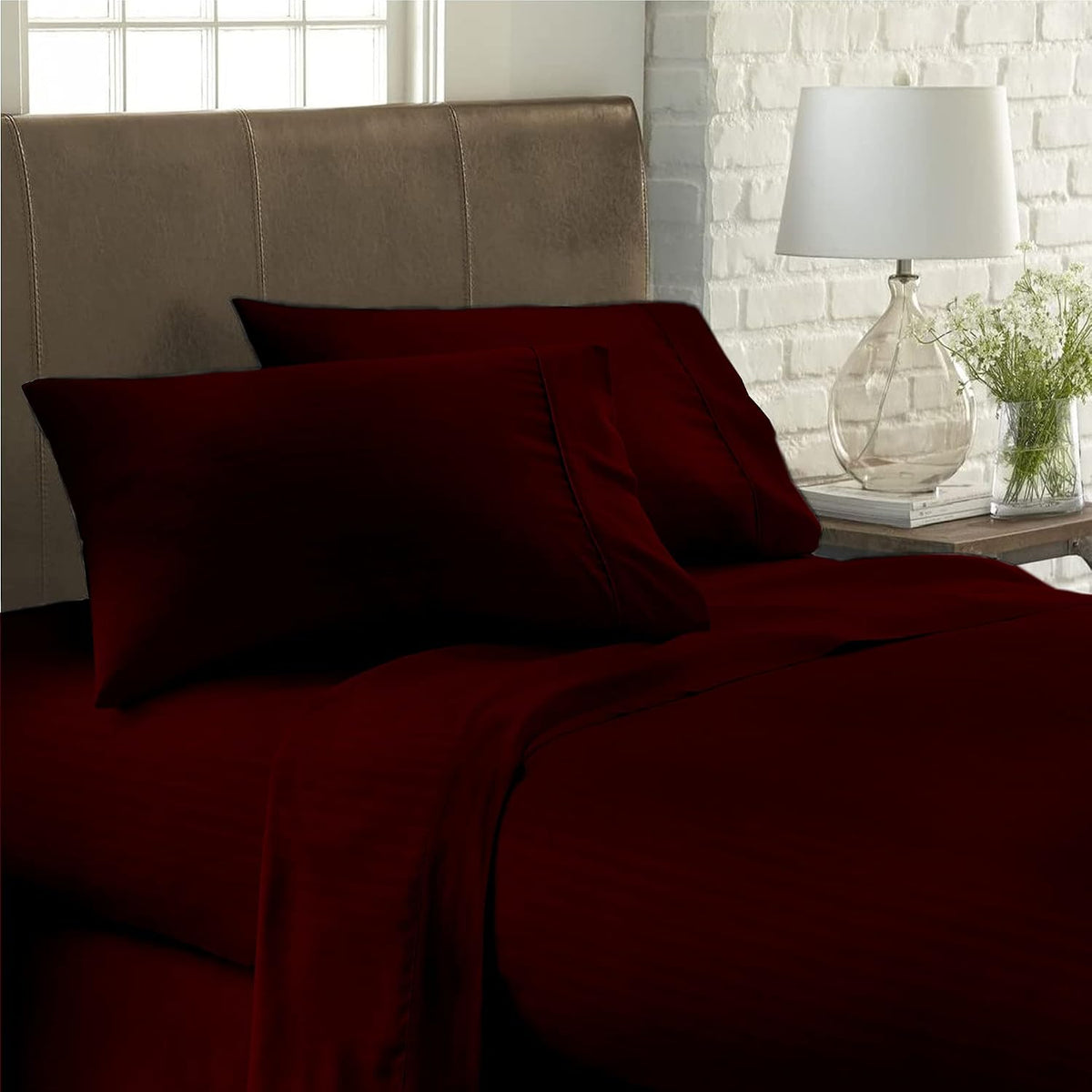USA Twin XL Sheet Set in Wine Stripe 400 Thread-Count 100% Egyptian Long Staple Cotton, Sateen Weave for Soft and Silky Feel, Breathable 4-Piece Bedsheet, Elasticized 24'' Extra Deep Pocket