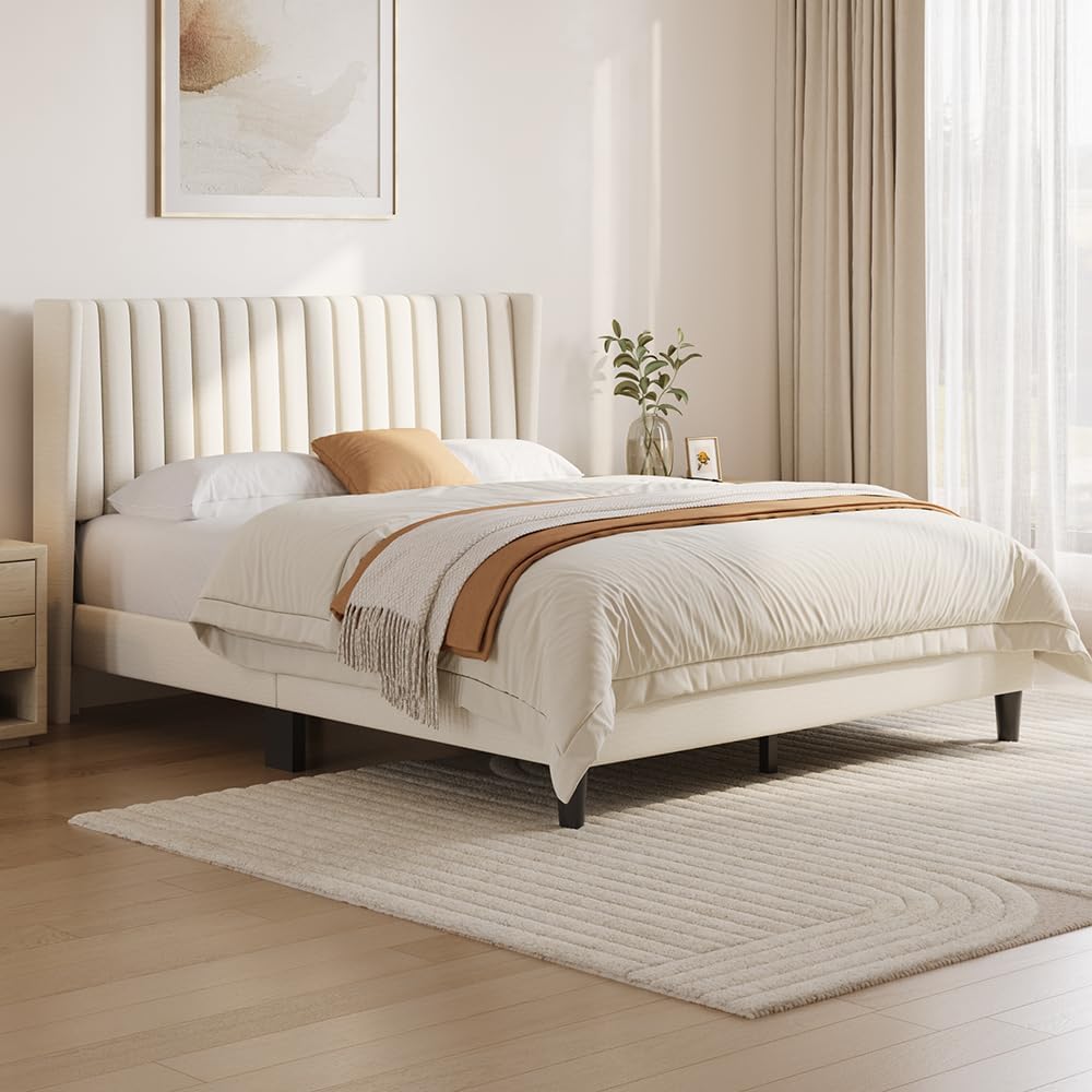 Yaheetech Queen Bed Frame with Headboard, Ivory Channel-Tufted Platform
