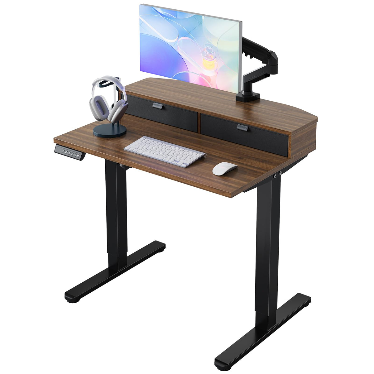 HUANUO 48″ x 28″ Electric Standing Desk with 2 Drawers, C-Clamp Mount Compatible, Height Adjustable Computer Desk, Home Office Stand Up Desk with 4 Preset Heights & 2 Hooks, Black