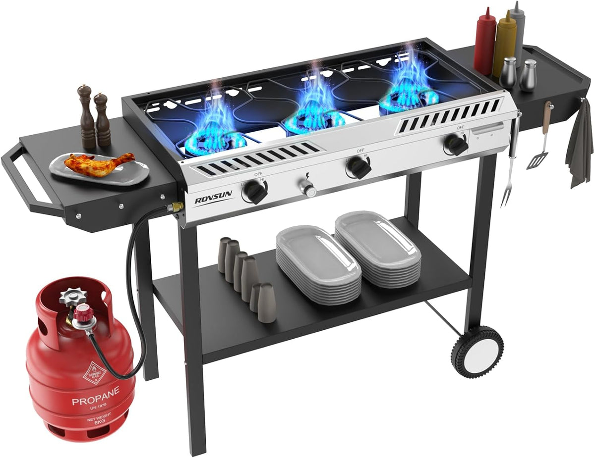 ROVSUN 3 Burner Outdoor Propane Gas Stove with Ignition, Regulator & Side Shelves, 225,000 BTU Rolling Gas Stove Outdoor Cooker for Backyard Patio Cooking Home Camping Brewing Canning Turkey Frying
