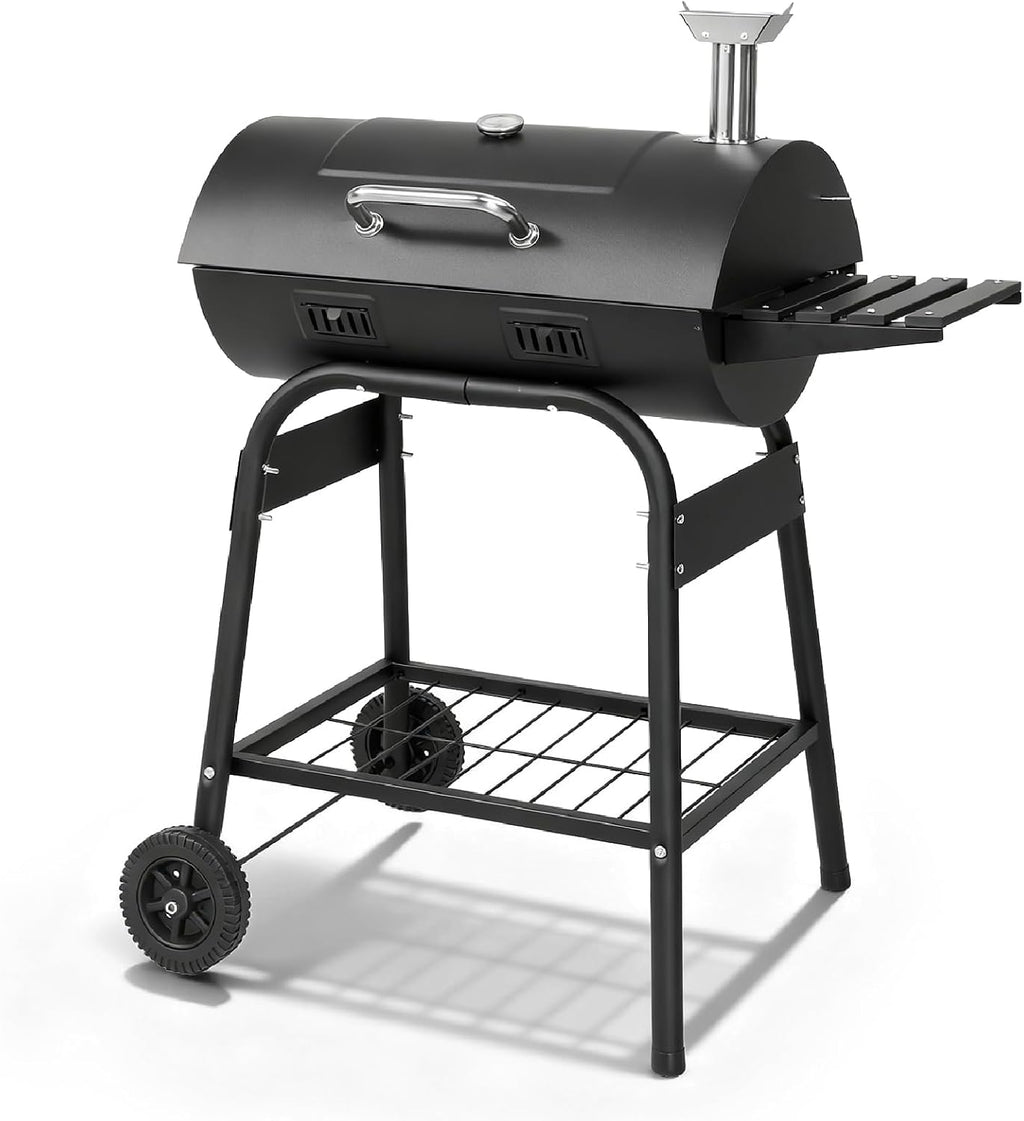 VINGLI Upgraded Barrel Charcoal Grill with Sides Table, Movable Outdoor Smoker with Chimney for Party Garden Patio and Backyard Cooking